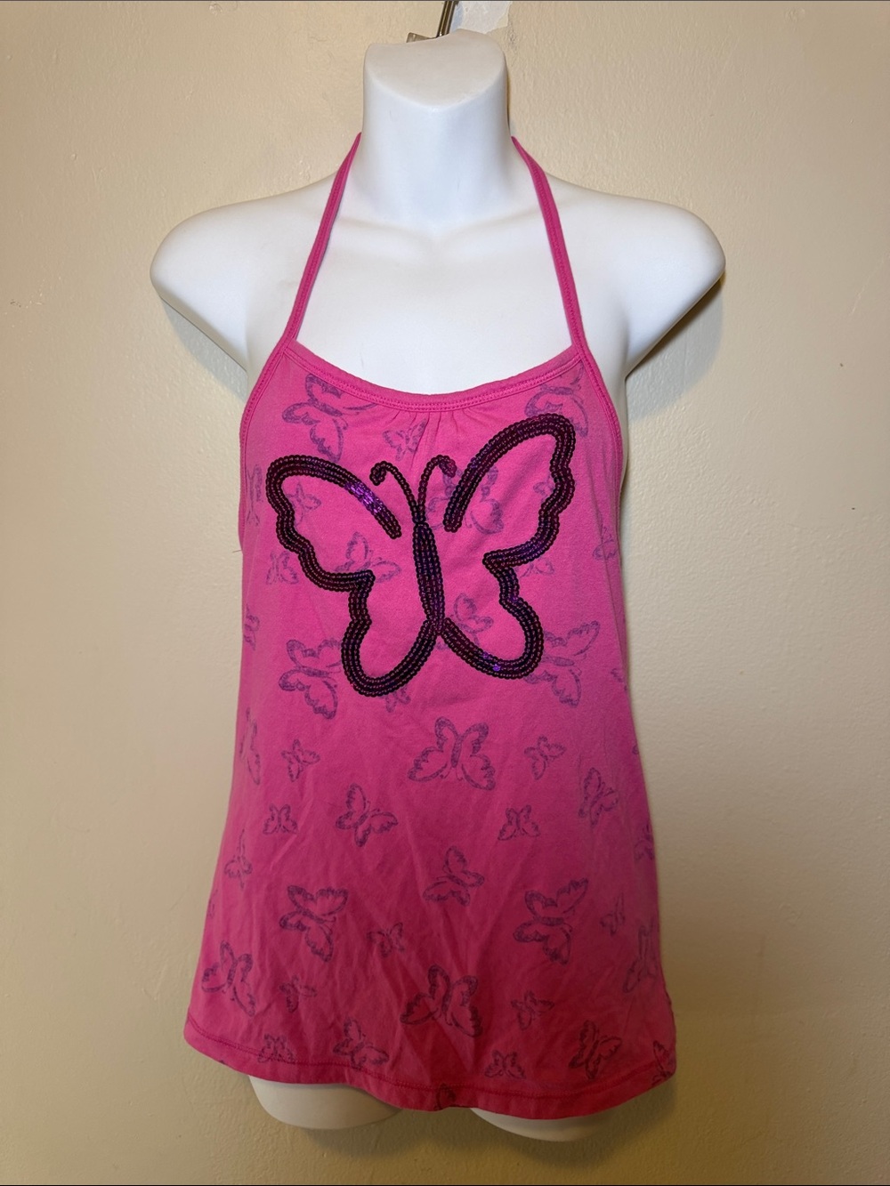 SO Pink Butterfly Halter Tank Top with Sequin Accent